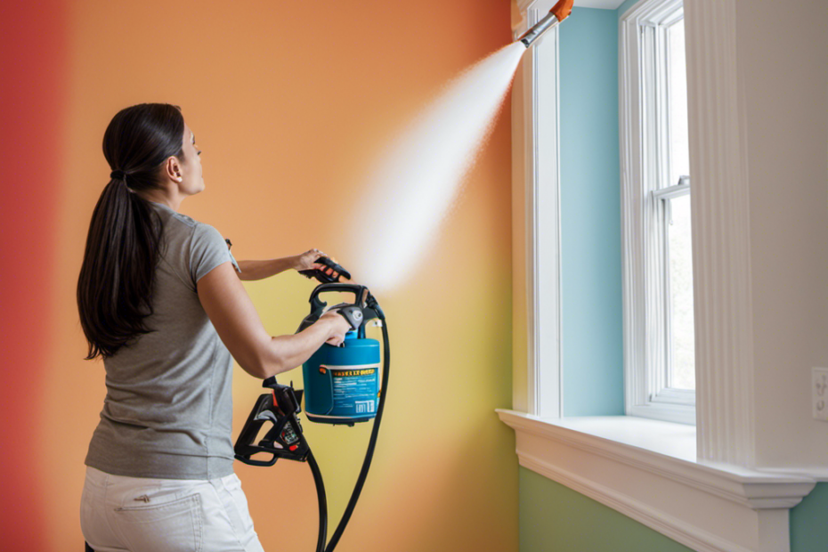 An image showcasing a homeowner effortlessly using an airless sprayer to paint their interior walls