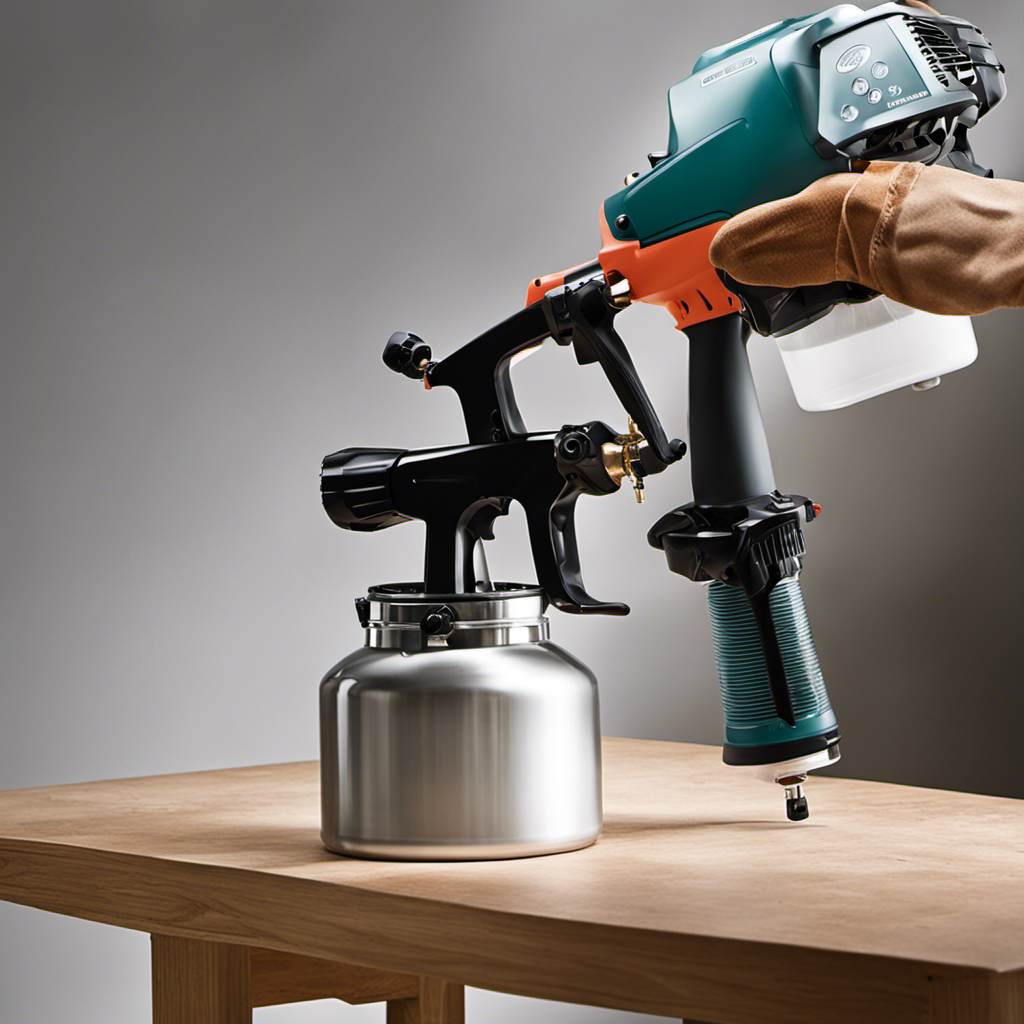 An image featuring a close-up shot of a professional-grade airless paint sprayer, with latex paint being effortlessly sprayed onto a smooth surface