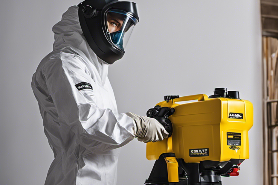 An image showcasing a professional painter wearing protective gear, skillfully operating an airless paint sprayer with a wide spray pattern, effortlessly coating precise trim details with smooth, even strokes