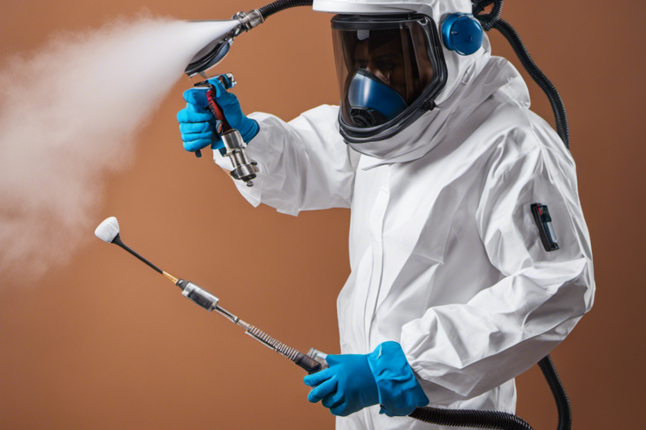 An image showcasing a professional painter wearing a protective suit, skillfully operating both an airless paint sprayer and an HVLP sprayer, surrounded by a perfectly painted wall with a flawless finish