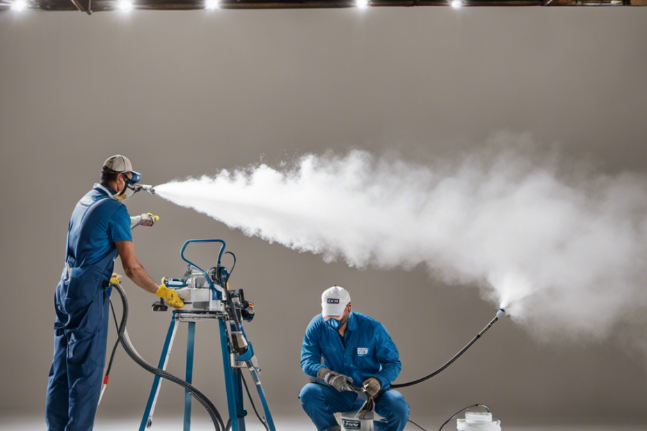 An image showcasing a painter holding an airless sprayer, confidently spraying latex paint onto a smooth surface, while another painter operates an HVLP sprayer, carefully applying a fine mist of latex paint with precision