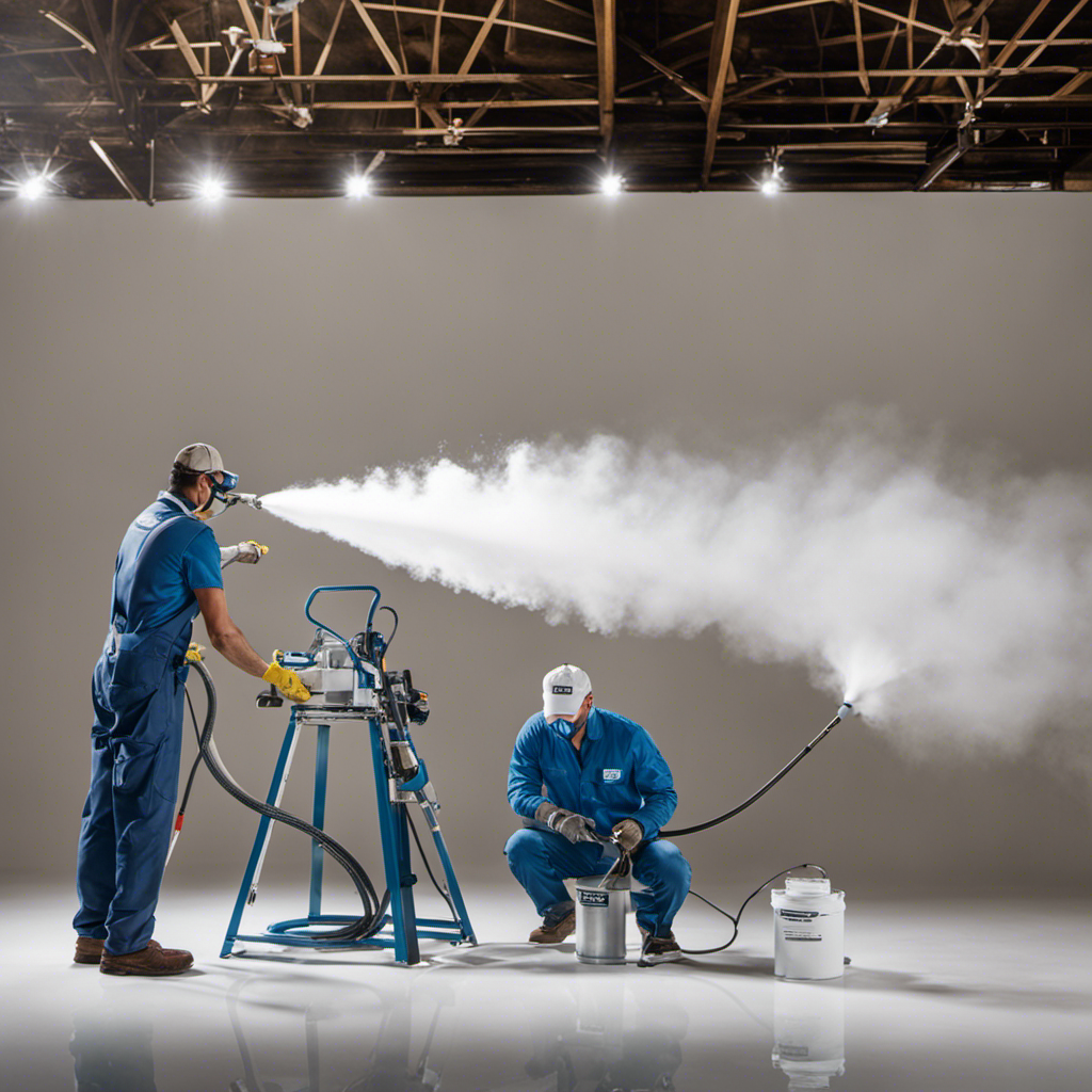 An image showcasing a painter holding an airless sprayer, confidently spraying latex paint onto a smooth surface, while another painter operates an HVLP sprayer, carefully applying a fine mist of latex paint with precision