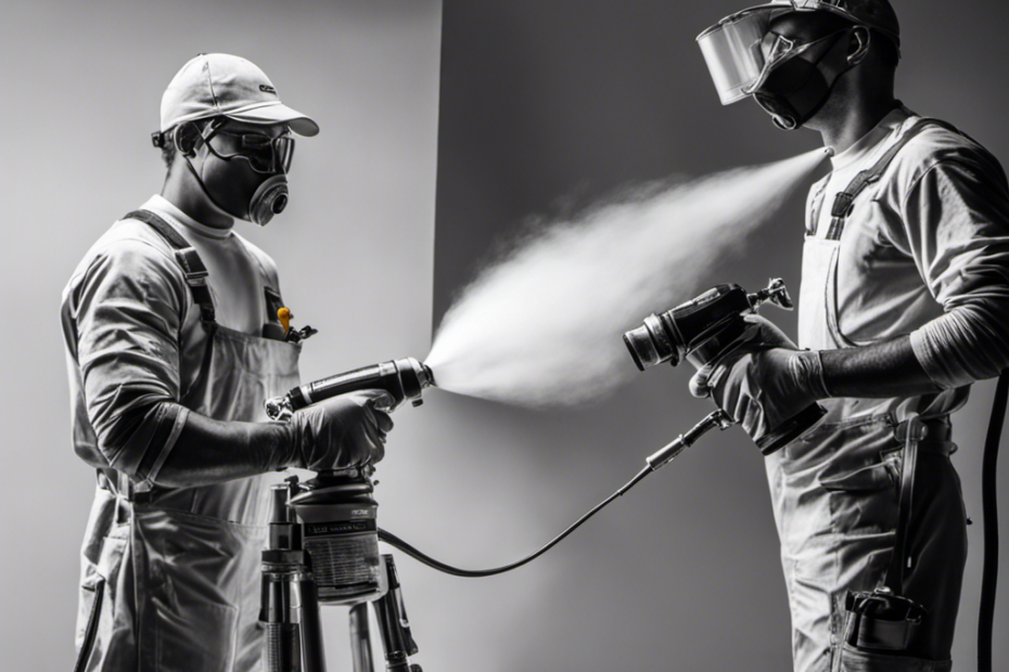 An image showcasing a painter holding an airless spray gun with a wide fan nozzle, while beside them, another painter holds a paint sprayer with a fine finish nozzle