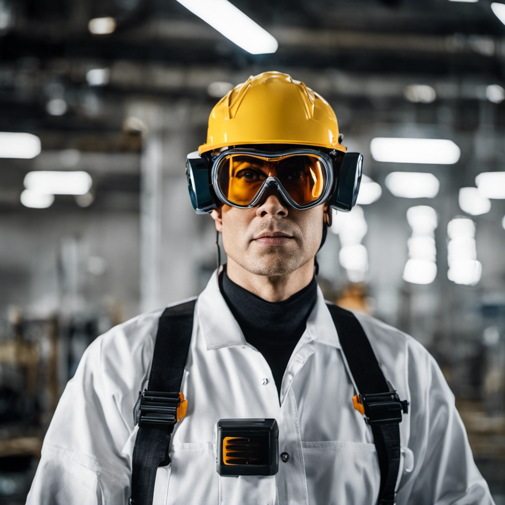 An image depicting a person wearing protective eyewear, with airless paint sprayer in the background