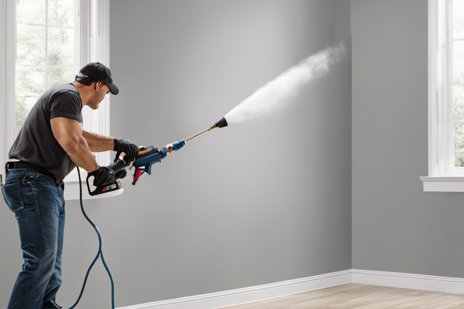An image showcasing a professional painter effortlessly spraying a smooth coat of paint onto a perfectly primed interior wall, with a high-quality airless paint sprayer in hand