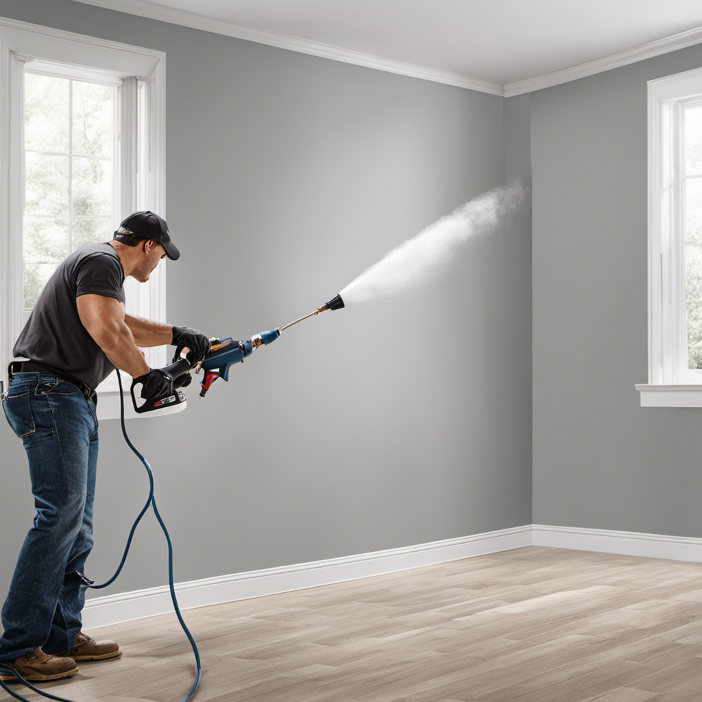 An image showcasing a professional painter effortlessly spraying a smooth coat of paint onto a perfectly primed interior wall, with a high-quality airless paint sprayer in hand