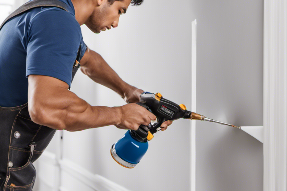 An image showcasing a professional painter effortlessly applying a flawless coat of paint to a pristine white interior wall using the ideal airless paint sprayer