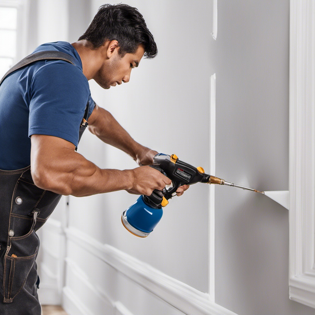 An image showcasing a professional painter effortlessly applying a flawless coat of paint to a pristine white interior wall using the ideal airless paint sprayer