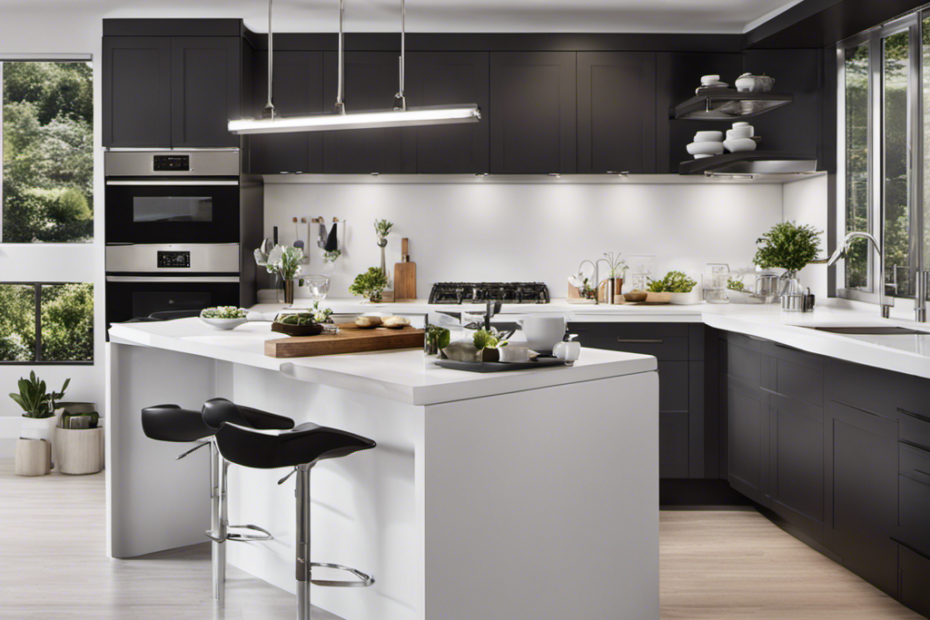 An image showcasing a sleek, modern kitchen with pristine white cabinets flawlessly coated by an airless paint sprayer