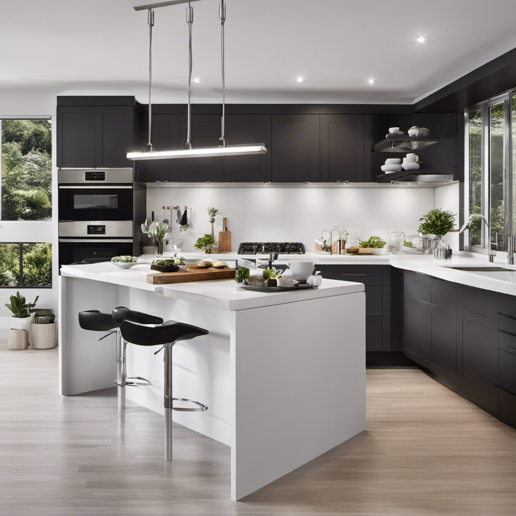 An image showcasing a sleek, modern kitchen with pristine white cabinets flawlessly coated by an airless paint sprayer