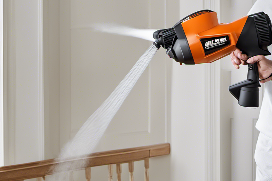 An image showcasing a professional-grade airless paint sprayer in action, evenly coating a pristine white wall and delicately painting intricate woodwork, highlighting its versatility and precision for flawless results