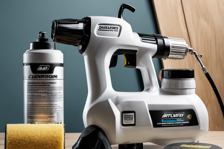 An image showcasing a sparkling clean airless paint sprayer, surrounded by an array of carefully selected cleaning solutions; each labeled with their specific uses, such as degreasers, solvents, and water-based cleaners