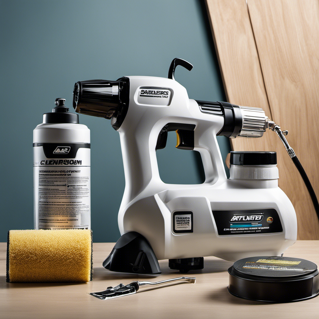 An image showcasing a sparkling clean airless paint sprayer, surrounded by an array of carefully selected cleaning solutions; each labeled with their specific uses, such as degreasers, solvents, and water-based cleaners