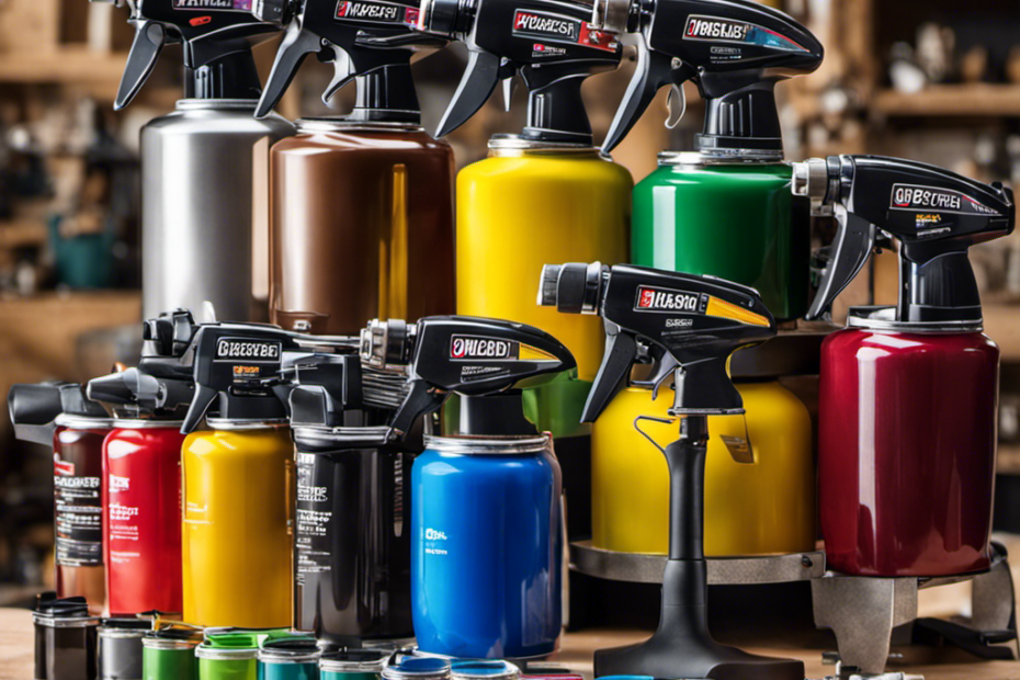 An image showcasing a diverse range of paint sprayers in vibrant colors, neatly arranged on a workbench