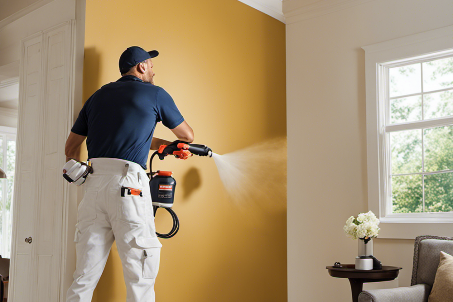 An image showcasing an expert painter effortlessly maneuvering an airless paint sprayer, evenly coating the exterior walls of a beautiful house with precision, while maintaining a clean and professional finish