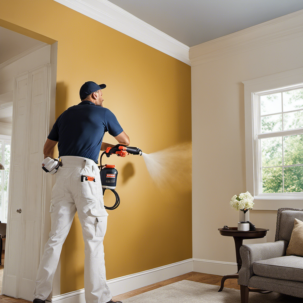 An image showcasing an expert painter effortlessly maneuvering an airless paint sprayer, evenly coating the exterior walls of a beautiful house with precision, while maintaining a clean and professional finish
