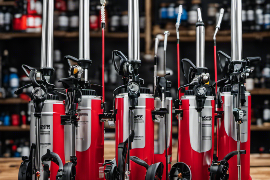 An image showcasing a collection of airless paint sprayers with different extension wands lined up, displaying varying lengths, materials, and nozzle sizes
