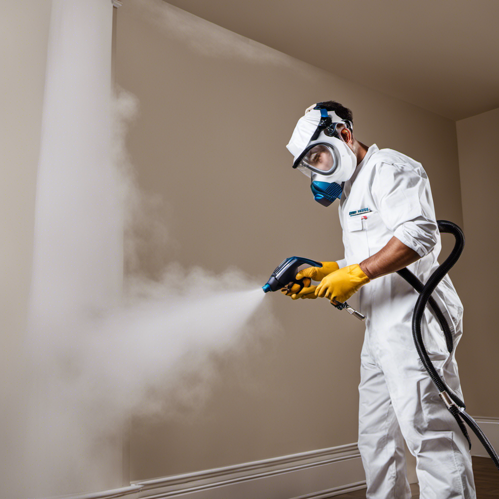 An image showcasing a professional painter wearing protective gear, effortlessly operating an airless sprayer