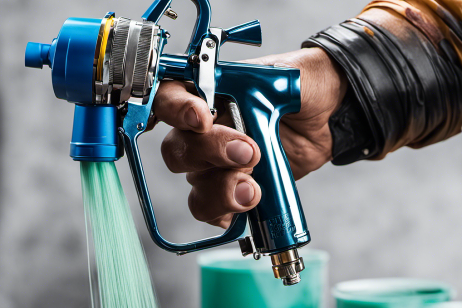-up of a hand holding a high-quality airless spray painting gun, with a steady stream of vibrant paint particles being released onto a smooth surface, showcasing precision and efficiency