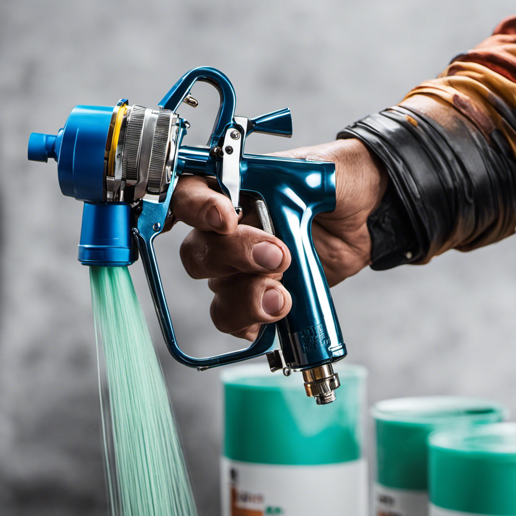 -up of a hand holding a high-quality airless spray painting gun, with a steady stream of vibrant paint particles being released onto a smooth surface, showcasing precision and efficiency