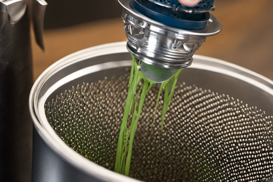 An image showcasing a close-up view of a latex paint strainer placed securely inside an airless paint sprayer