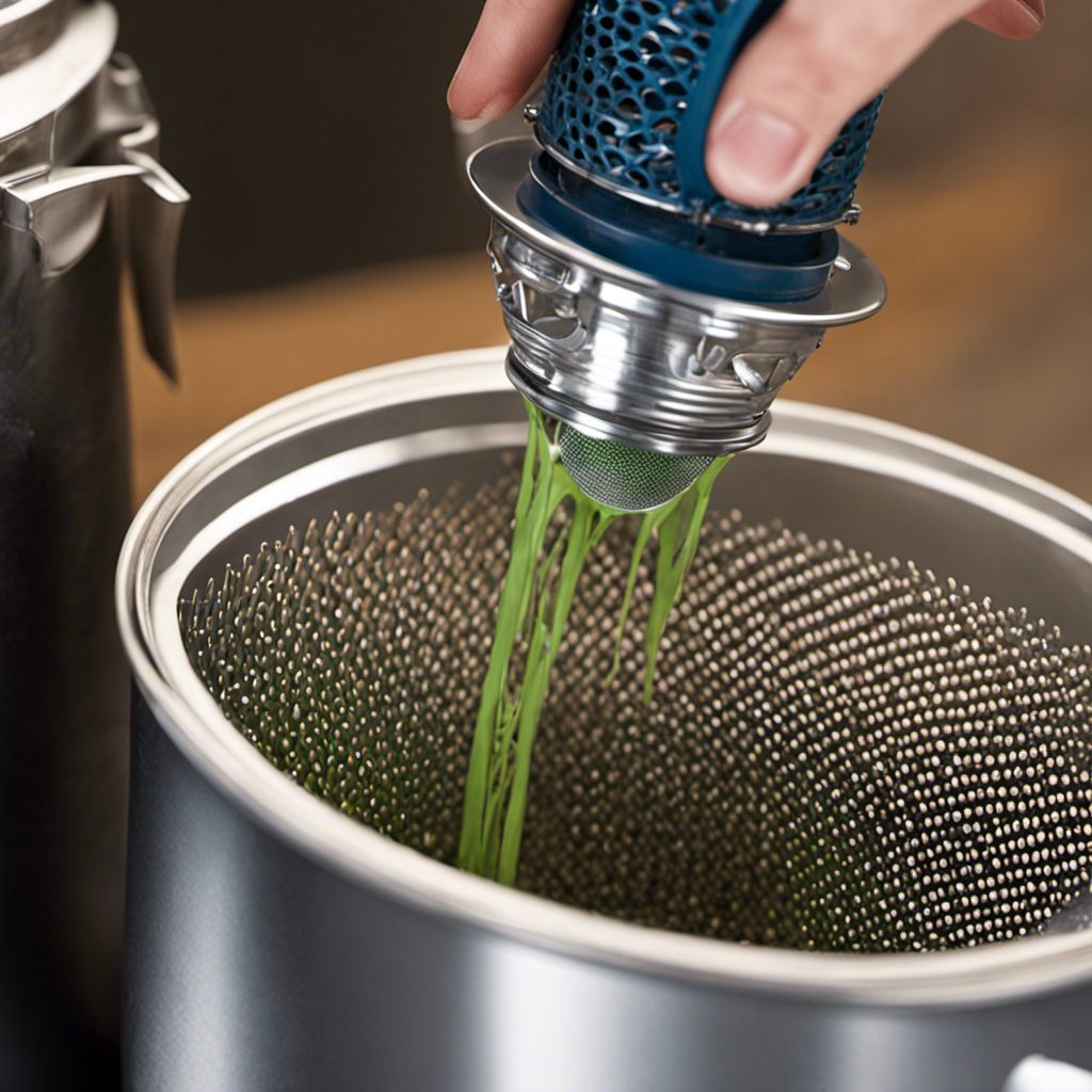 An image showcasing a close-up view of a latex paint strainer placed securely inside an airless paint sprayer