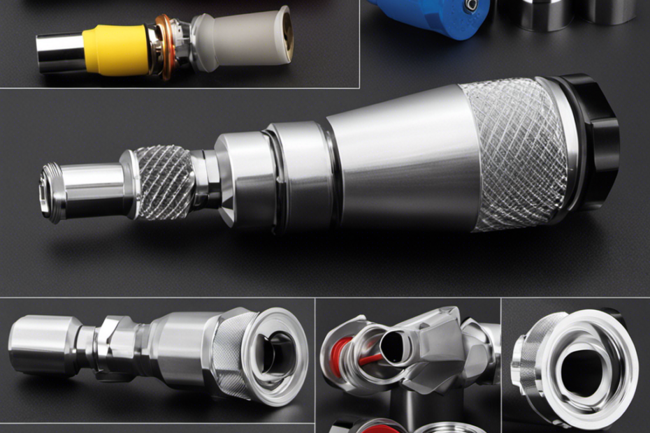 An image showcasing a close-up of an airless paint sprayer nozzle, surrounded by a range of tip sizes