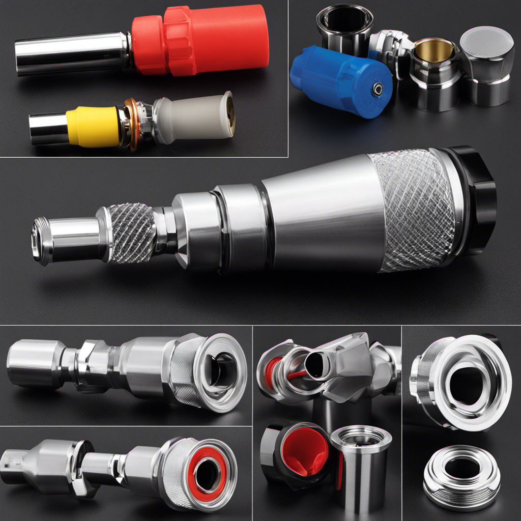 An image showcasing a close-up of an airless paint sprayer nozzle, surrounded by a range of tip sizes
