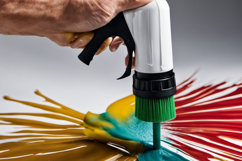 An image showing a close-up shot of a hand meticulously wiping off dried paint residue from the nozzle of an airless sprayer, using a cloth soaked in cleaning solution