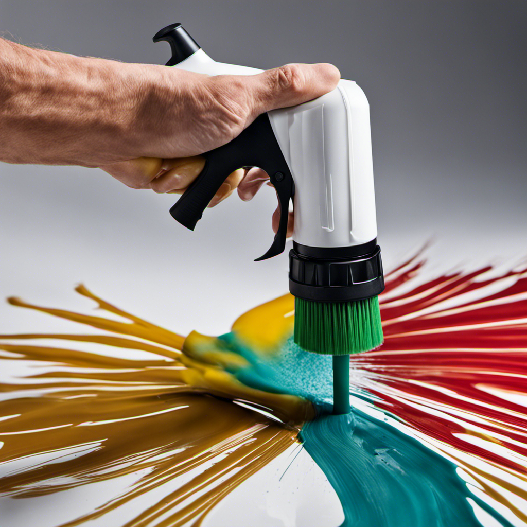 An image showing a close-up shot of a hand meticulously wiping off dried paint residue from the nozzle of an airless sprayer, using a cloth soaked in cleaning solution