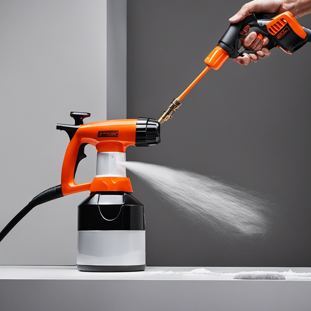 An image showcasing a sleek, handheld airless paint sprayer in action, effortlessly coating a large surface area with a fine mist of paint, leaving behind a flawless finish and saving time and effort