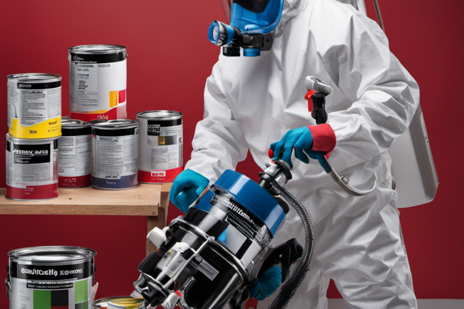 An image that showcases a professional painter wearing protective gear, skillfully adjusting the pressure and viscosity settings on an airless sprayer