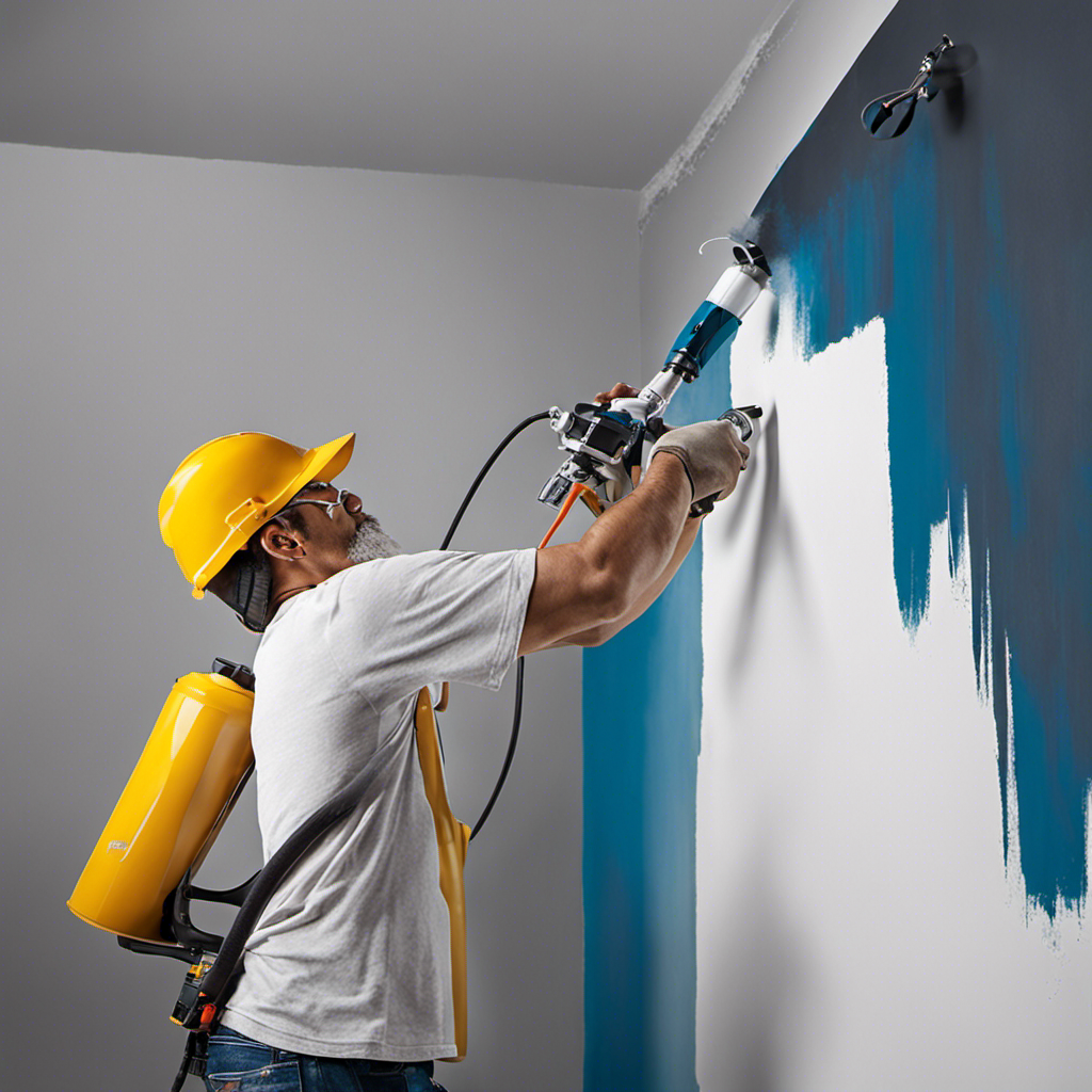 An image that showcases a skilled DIYer effortlessly operating an airless paint sprayer, with a steady stream of paint beautifully transforming a worn-out wall, capturing the precision and ease of this painting technique