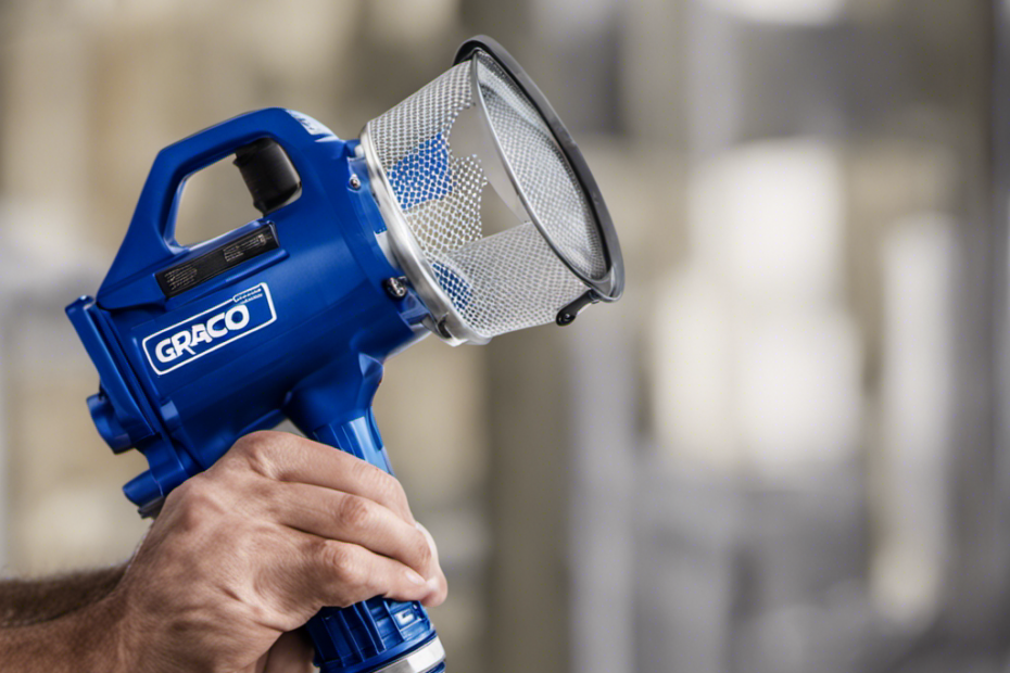 An image showcasing a close-up view of a Graco airless paint spray gun with a durable and versatile inlet strainer screen