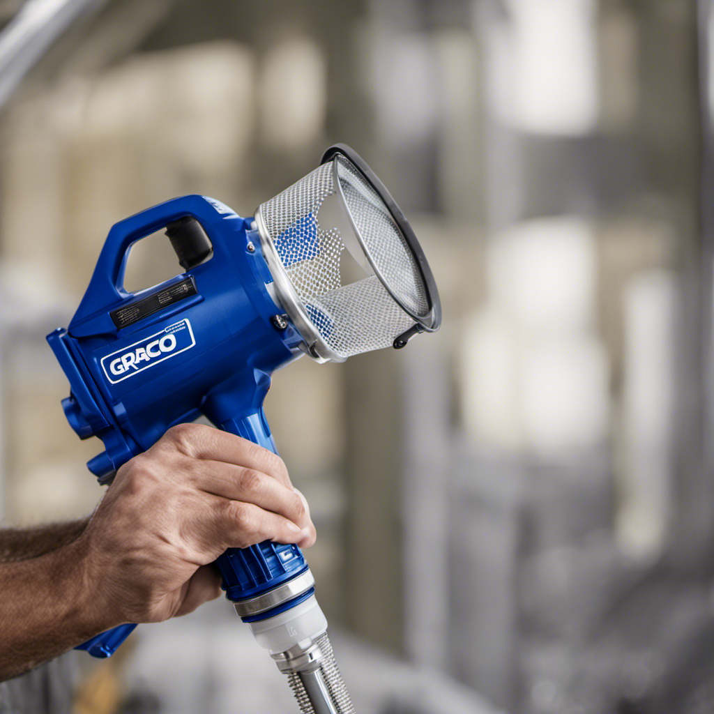 An image showcasing a close-up view of a Graco airless paint spray gun with a durable and versatile inlet strainer screen