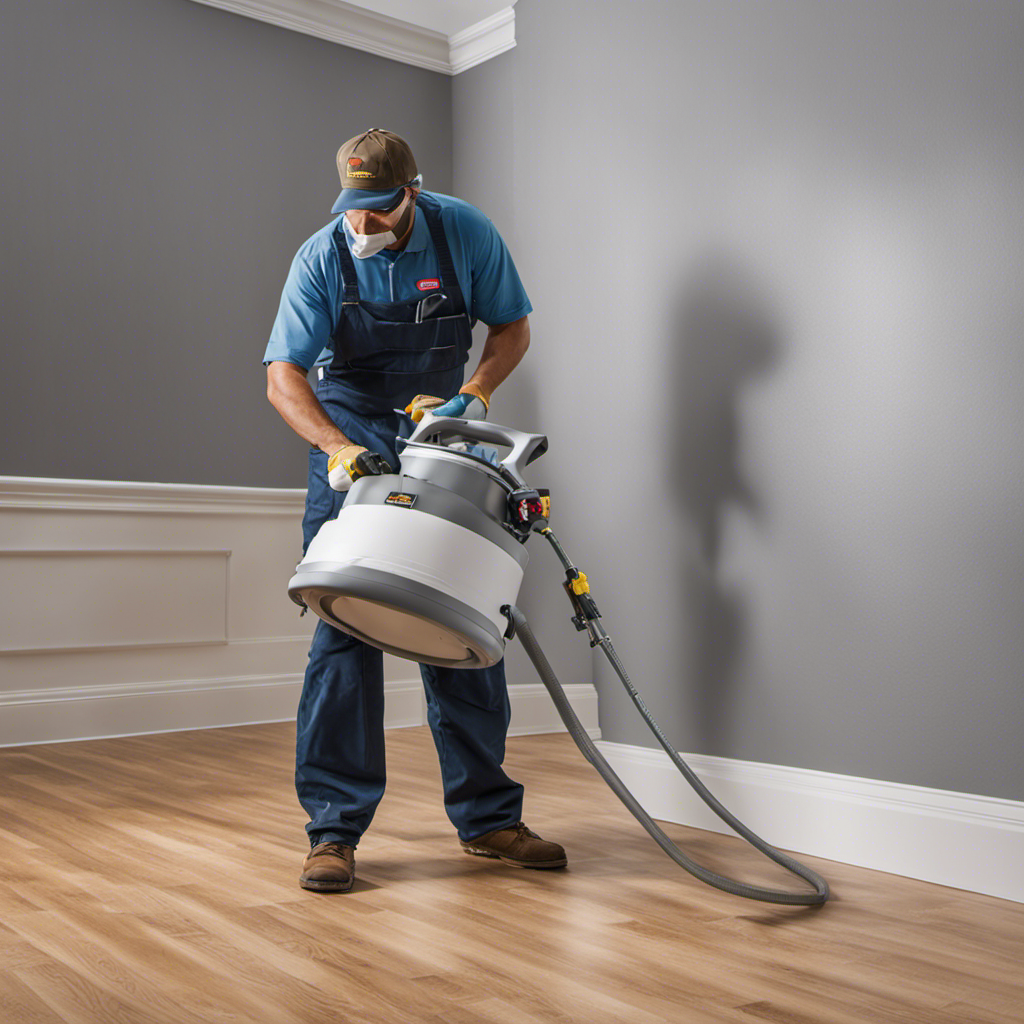 An image depicting a professional painter effortlessly using an airless sprayer to evenly coat a large surface with paint, showcasing the sprayer's efficiency through precise and uniform coverage