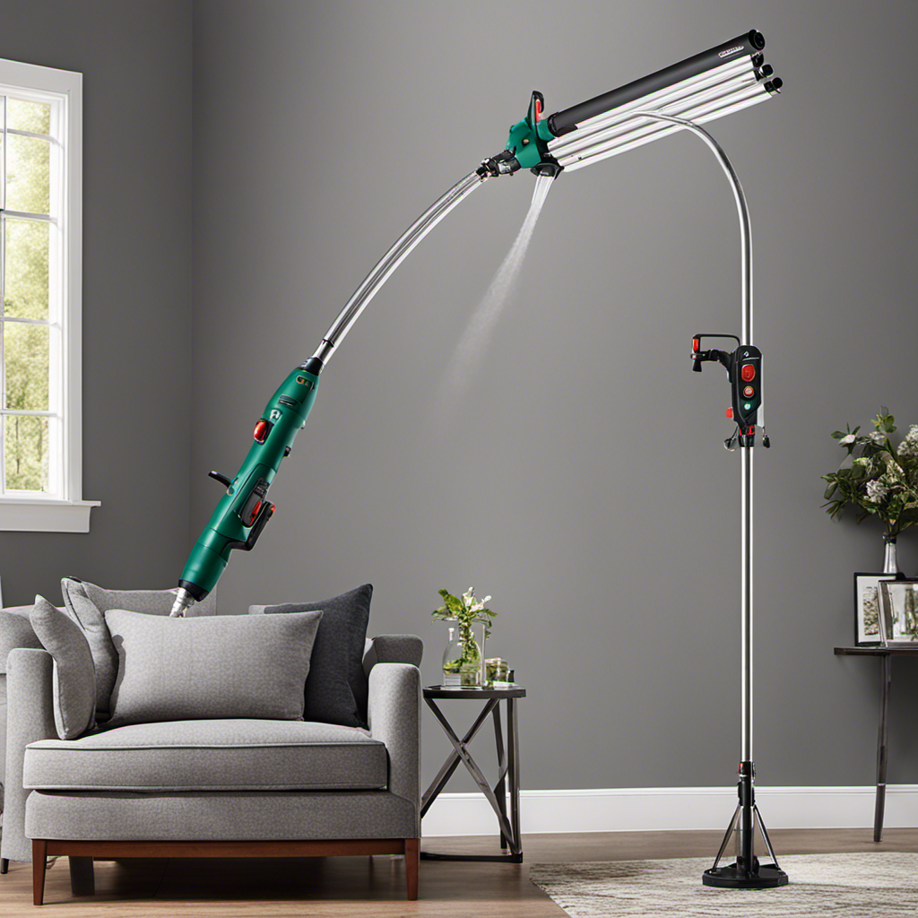 An image showcasing an airless paint sprayer extension pole in action, effortlessly reaching high walls and ceilings, with precise control and a wide coverage, demonstrating its efficiency and versatility