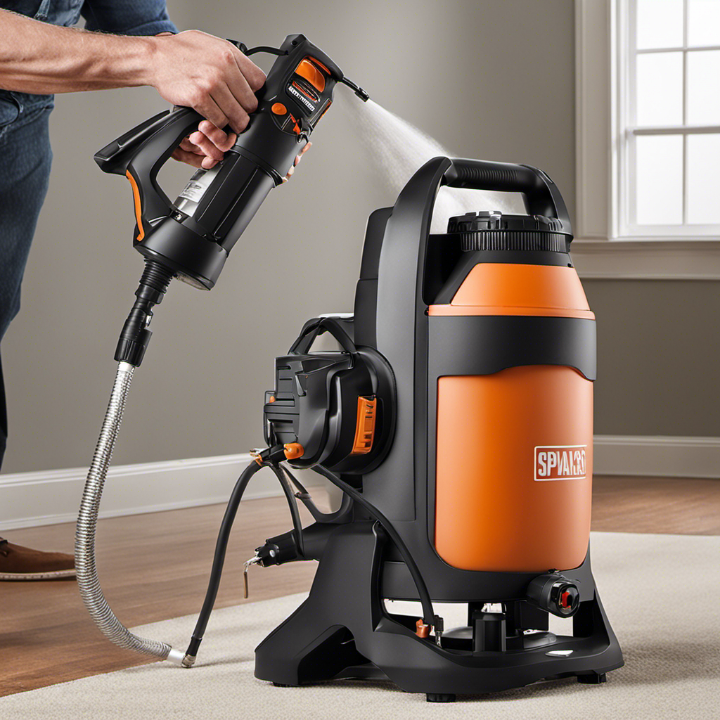 An image showcasing a professional painter effortlessly maneuvering an airless paint sprayer, evenly coating a variety of surfaces with precision