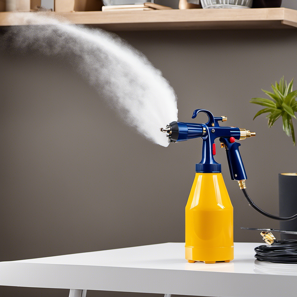 An image showcasing a sleek, modern HVLP paint sprayer in action, effortlessly transforming a room with a fine mist of paint