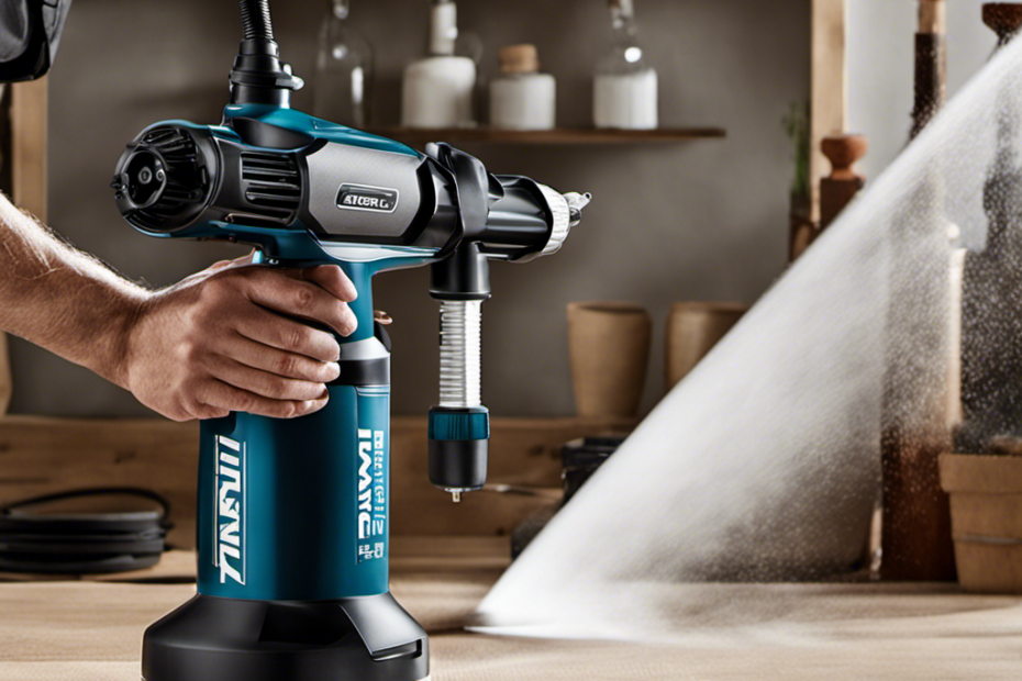 An image showcasing a paint sprayer with HEA technology: a sleek, ergonomic design with a powerful motor, lightweight construction, and an adjustable nozzle for precise and effortless paint application