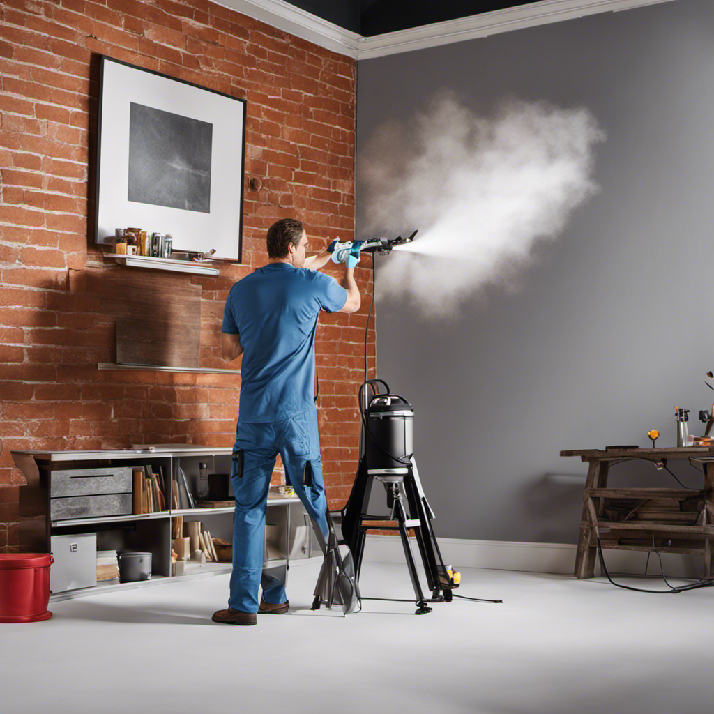 An image showcasing a professional painter effortlessly gliding a high-tech paint sprayer across a wall, releasing a fine mist of paint with precision, resulting in a flawlessly smooth and even finish