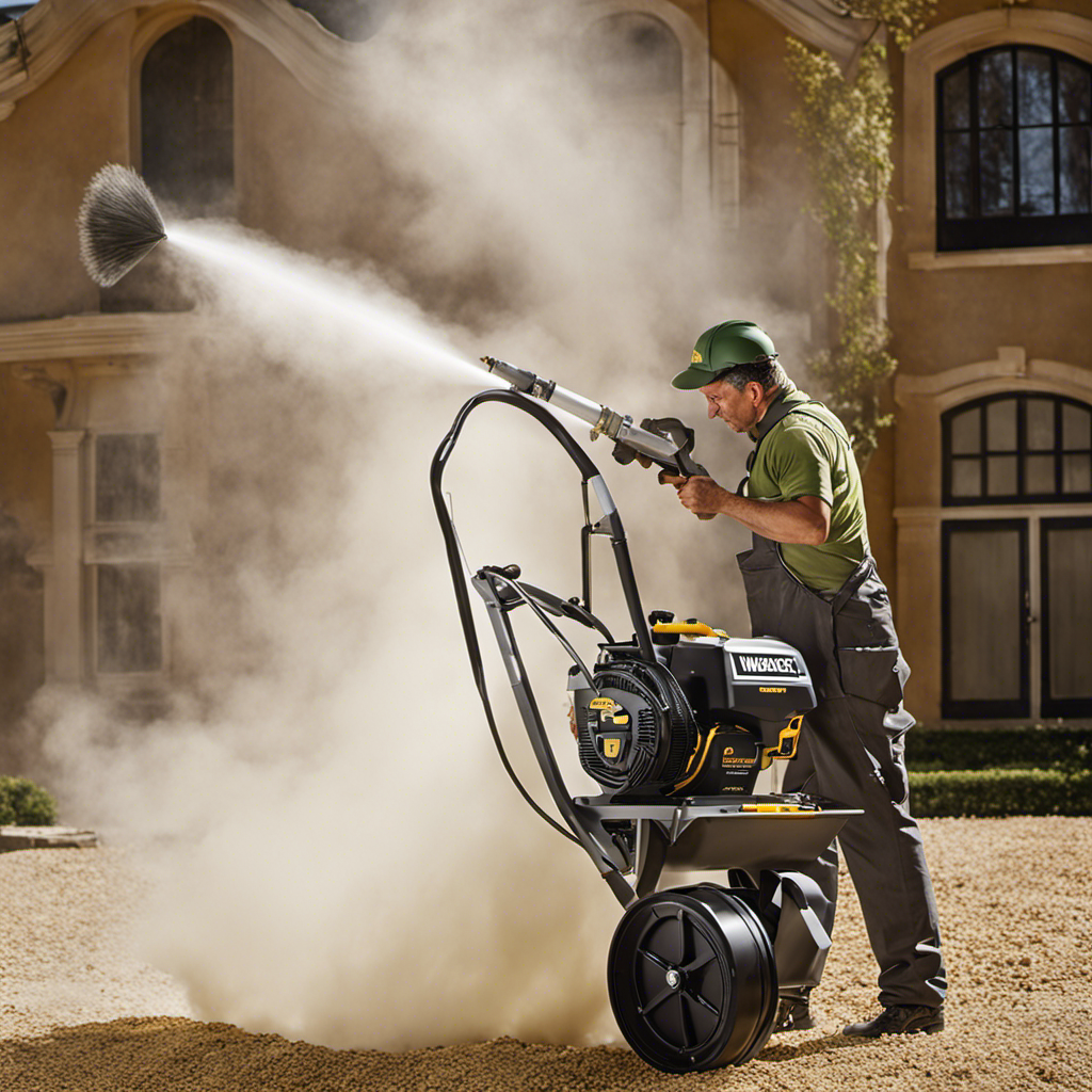 An image showcasing a skilled painter effortlessly operating a Wagner airless sprayer, as a fine mist of paint uniformly coats a large surface area with precision and speed