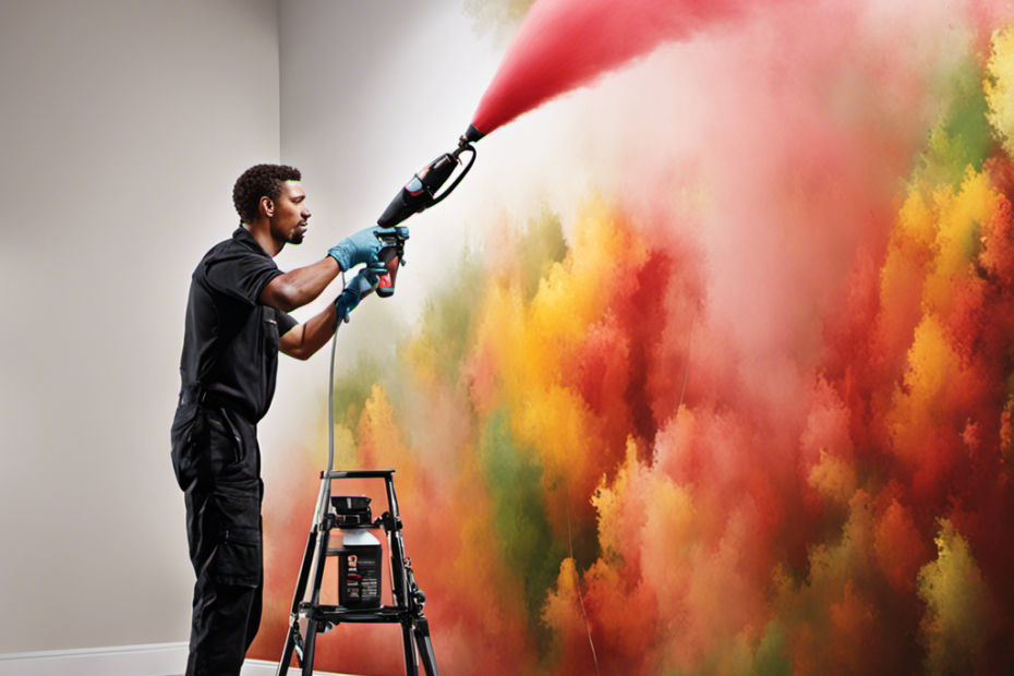 An image showcasing a professional painter effortlessly gliding a high-tech paint sprayer over a wall, perfectly dispersing a fine mist of paint with unrivaled speed and accuracy