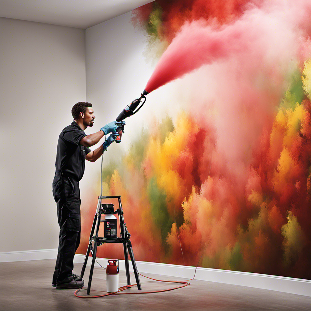An image showcasing a professional painter effortlessly gliding a high-tech paint sprayer over a wall, perfectly dispersing a fine mist of paint with unrivaled speed and accuracy