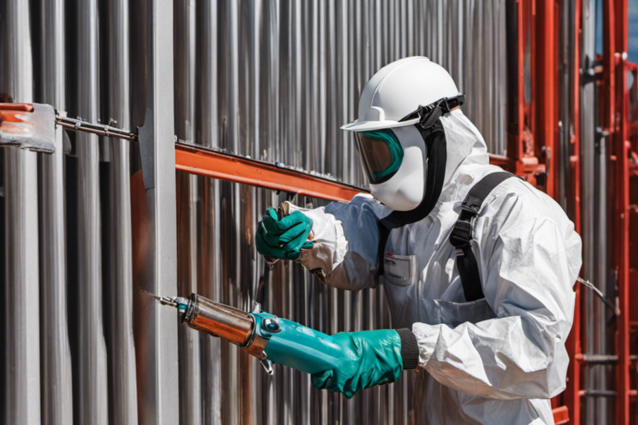 An image of a person wearing protective gear, skillfully operating an airless sprayer to paint a pipe fence