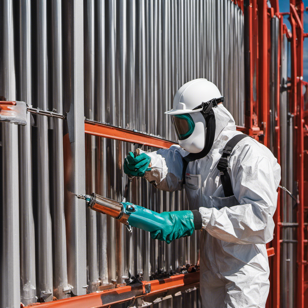 An image of a person wearing protective gear, skillfully operating an airless sprayer to paint a pipe fence