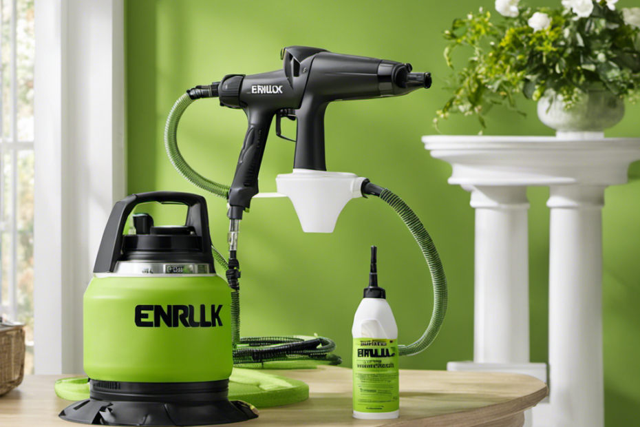 An image showcasing the Enhulk Paint Sprayer in action, capturing the smooth and even application of paint as it effortlessly glides over various surfaces in a modern home setting, effortlessly transforming walls, furniture, and more