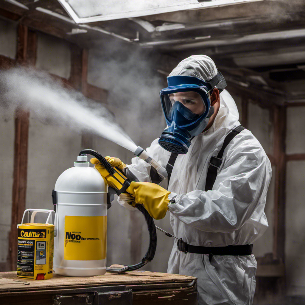 An image depicting a person wearing protective goggles, a respirator, and gloves, while using an airless paint sprayer