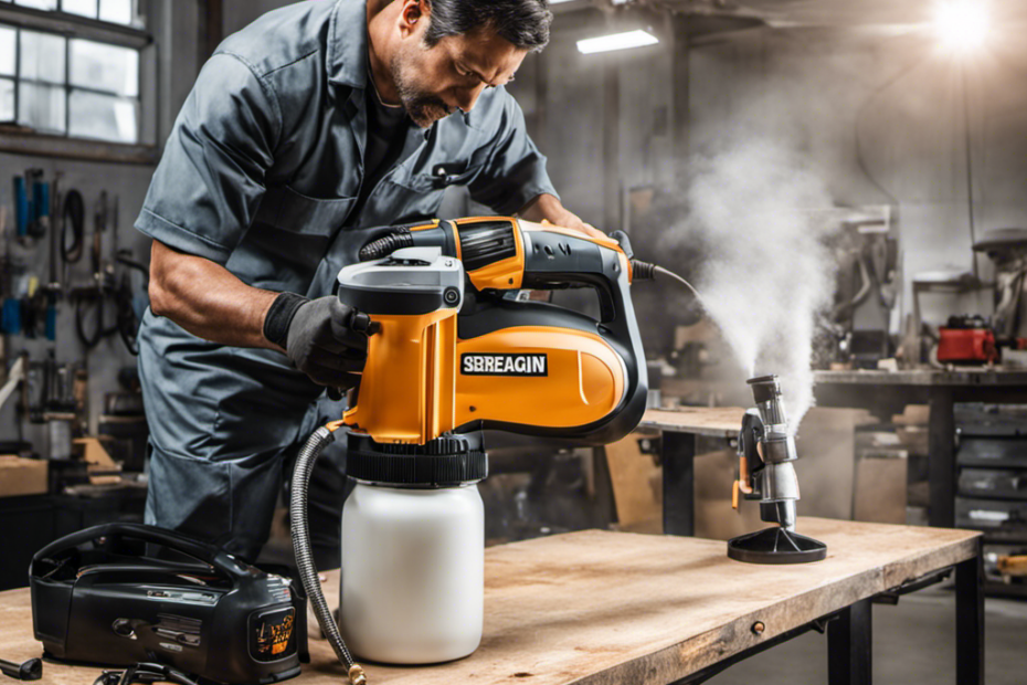 An image showcasing a clean airless paint sprayer in a well-lit workshop