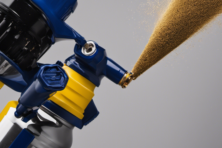 Create an image showcasing a close-up of a Graco Airless Sprayer's nozzle, with fine particles of paint residue accumulating around it, emphasizing the impact of clogged nozzles on paint longevity